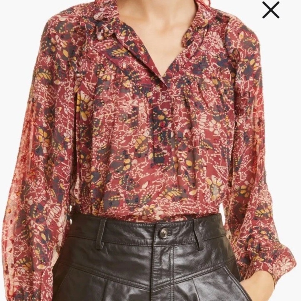 Ba&sh Gaelle Bordeaux Floral Buttoned Ruffled Puff Sleeve Blouse Size Medium